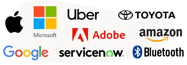 the logos of many major companies, including: Apple, Google, Microsoft, Amazon, Uber, Toyota, Adobe, and Bluetooth