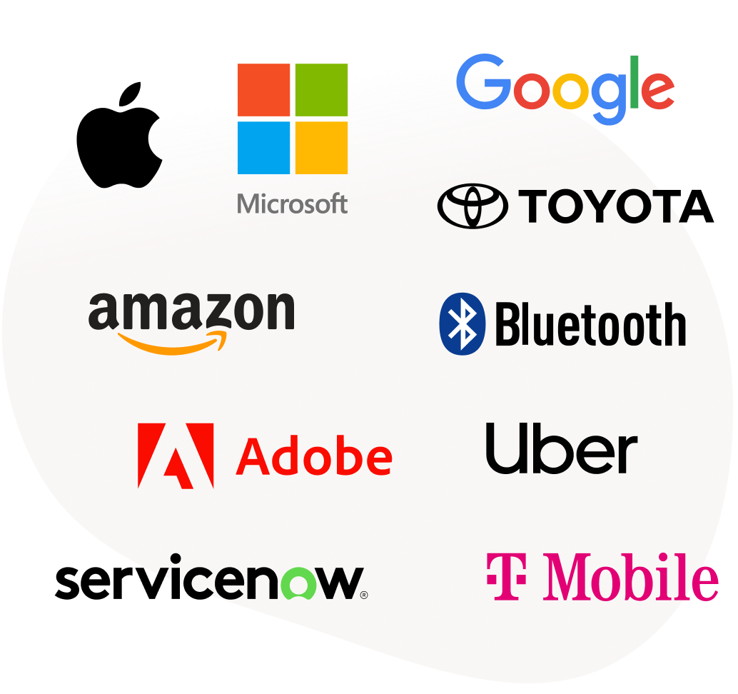 the logos of many major companies, including: Apple, Google, Microsoft, Amazon, Uber, Toyota, Adobe, and Bluetooth