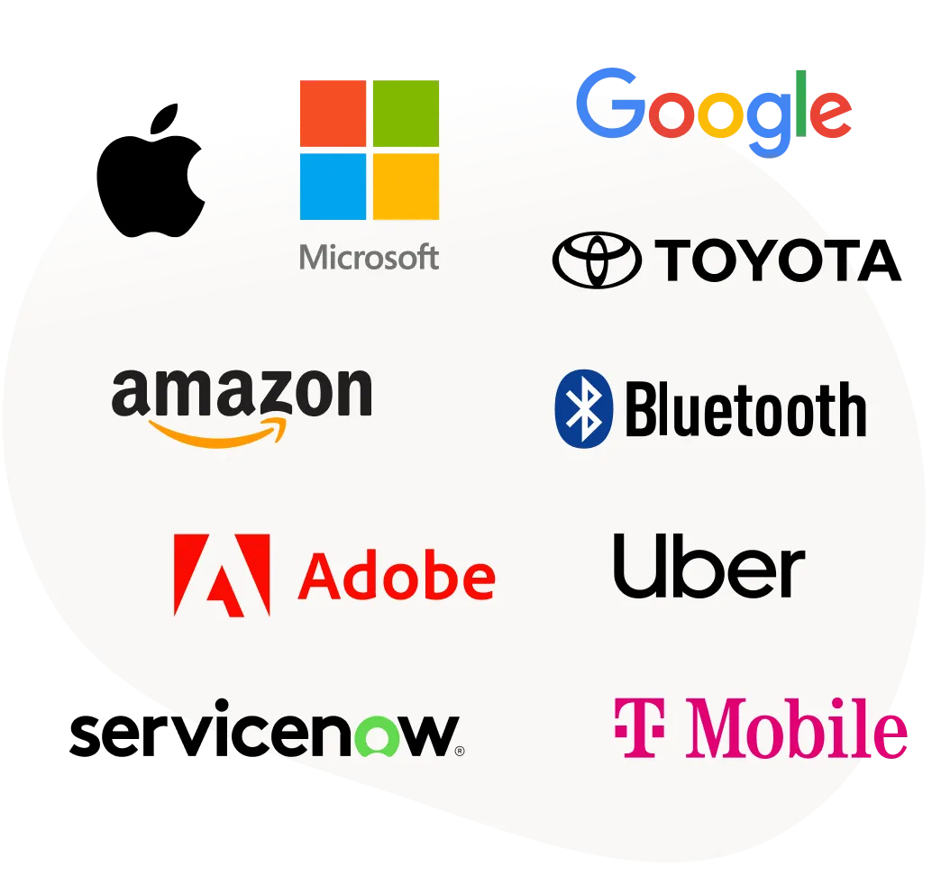 the logos of many major companies, including: Apple, Google, Microsoft, Amazon, Uber, Toyota, Adobe, and Bluetooth